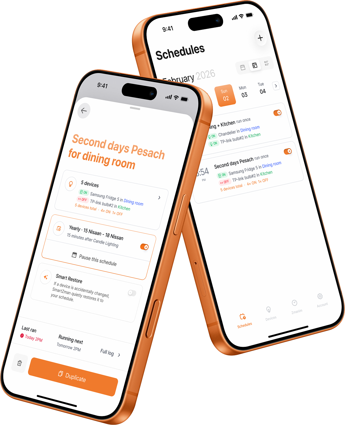 SmartZman app screenshots showing schedule management and device controls